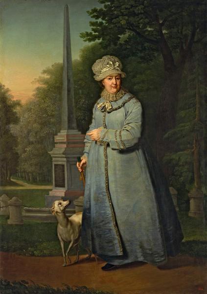 Catherine II for a walk in Tsarskoye Selo Park (with Obelisk “Rumyantsev Victories” against the background)